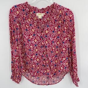 MAEVE by Anthro Spring Floral Top Shirt Size 00P Dark Pink Long Sleeve Button